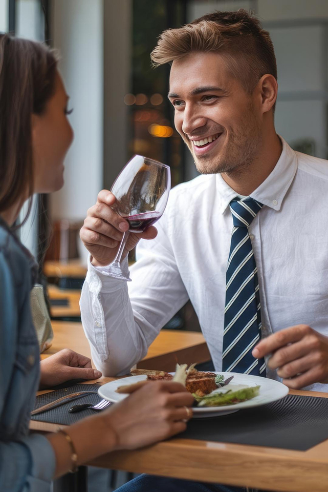 Doi prieteni la cină, cu pahare de vin, în conversație